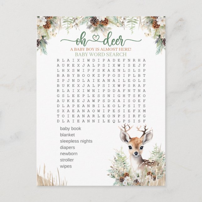 Woodland Deer Baby Shower Boy Game Postcard (Front)
