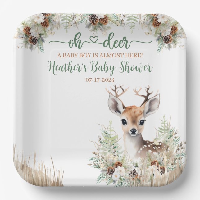 Woodland Deer Baby Shower Boy Paper Plate (Front)
