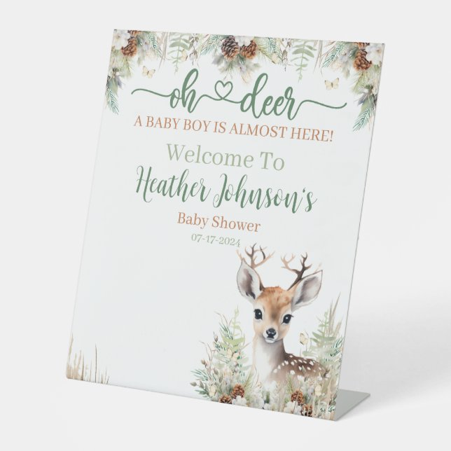 Woodland Deer Baby Shower Boy Pedestal Sign (Front)