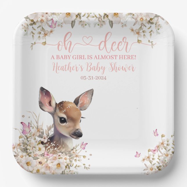 Woodland Deer Baby Shower Girl Paper Plate (Front)