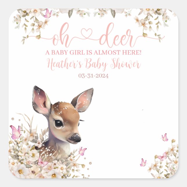 Woodland Deer Baby Shower Girl Square Sticker (Front)