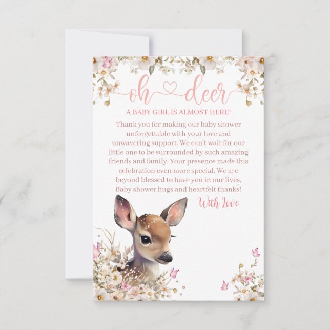 Woodland Deer Baby Shower Girl Thank You Card (Front)