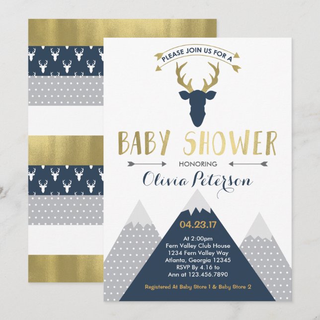 Woodland Deer Baby Shower Invitation, Faux Foil Invitation (Front/Back)