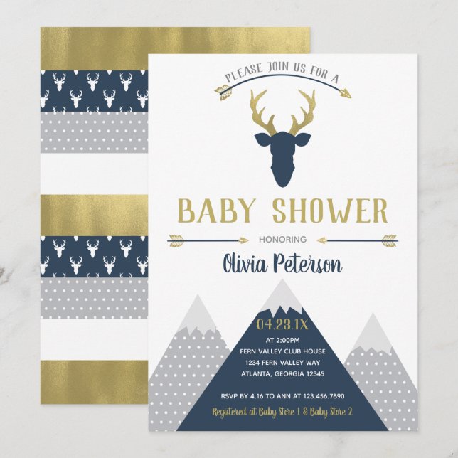 Woodland Deer Baby Shower Invitation, Faux Foil Invitation (Front/Back)