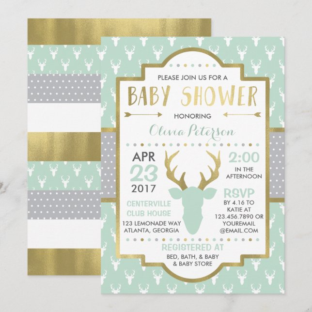 Woodland Deer Baby Shower Invitation, Faux Foil Invitation (Front/Back)