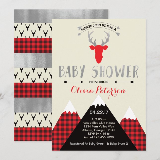 Woodland Deer Baby Shower Invitation, Faux Foil Invitation (Front/Back)