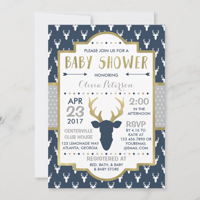 Woodland Deer Baby Shower Invitation, Faux Foil Invitation (Front)