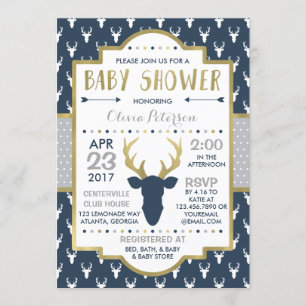 Woodland Deer Baby Shower Invitation, Faux Foil Invitation
