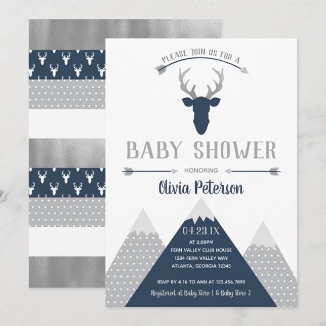 Woodland Deer Baby Shower Invitation, Faux Foil Invitation (Front/Back)