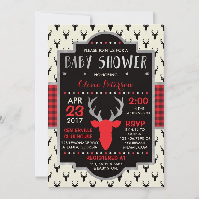 Woodland Deer Baby Shower Invitation, Faux Foil Invitation (Front)