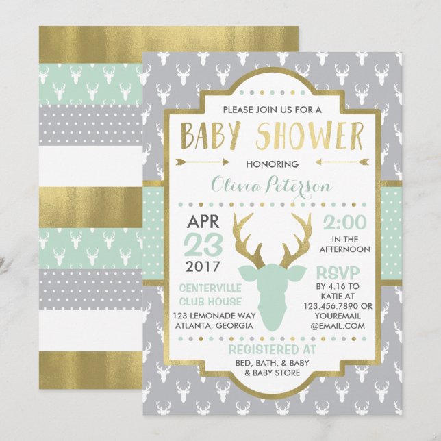 Woodland Deer Baby Shower Invitation, Faux Foil Invitation (Front/Back)