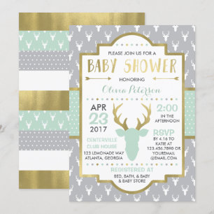 Woodland Deer Baby Shower Invitation, Faux Foil Invitation