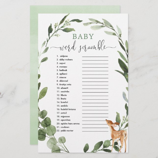 Woodland Deer Baby word scramble baby shower game (Front/Back)