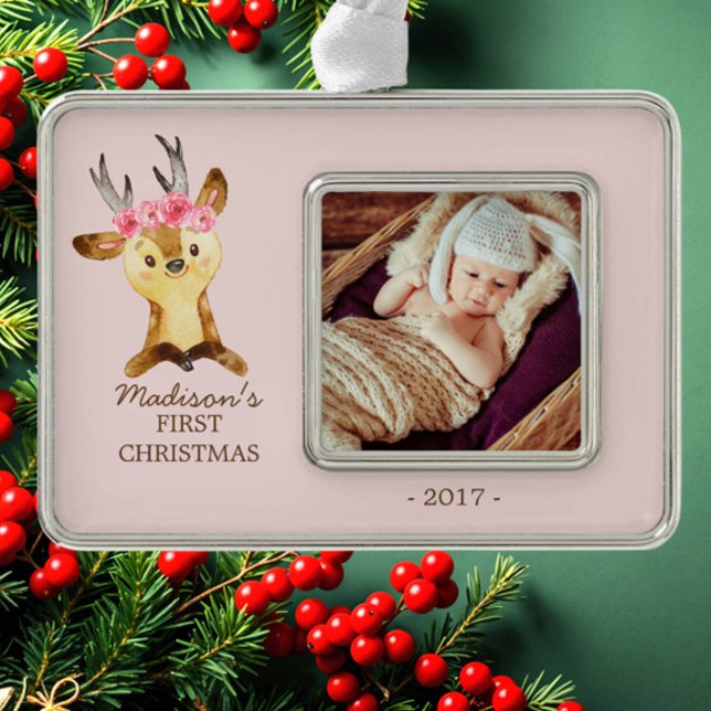 Woodland Deer Baby's 1st Christmas Photo Ornament (Creator Uploaded)