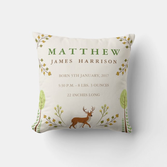 Woodland Deer Birth Announcement Pillow (Front)