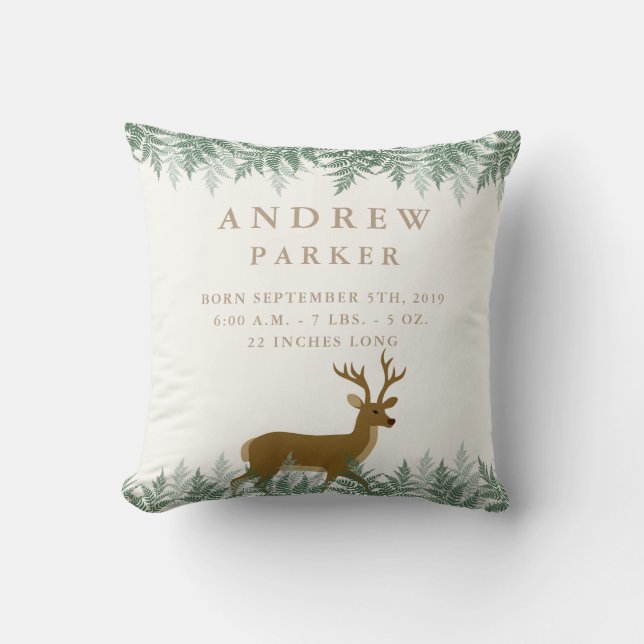 Woodland Deer Birth Announcement Stats Pillow (Front)