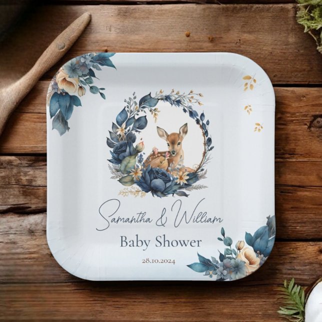  Woodland Deer Blue Floral Boho Leaves Paper Plate (Creator Uploaded)