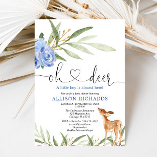 Woodland deer blue floral greenery boy baby shower invitation