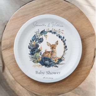 Woodland Deer Blue Flowers Boho Leaves Paper Plate