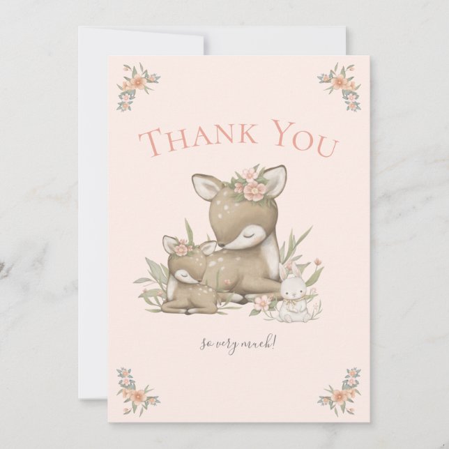 Woodland Deer Boho Girl Baby Shower Thank You Card (Front)