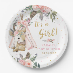 Woodland Deer Boho Tribal Girl Baby Shower Round Paper Plate