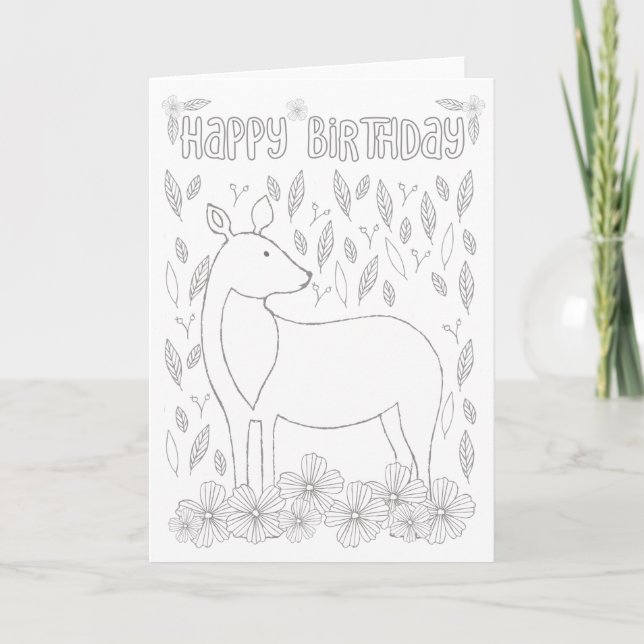 Woodland Deer Coloring Book Birthday Card (Front)