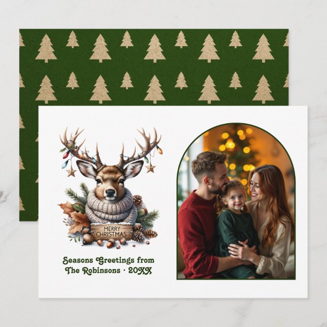 Woodland Deer Cosy Sweater Merry Christmas Photo Holiday Card (Front/Back)
