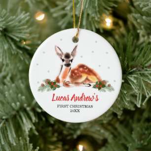 Woodland Deer Custom Baby Boy's 1st Christmas Ceramic Tree Decoration