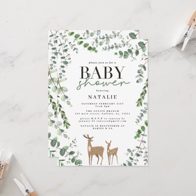 Woodland deer eucalyptus modern baby shower invita invitation (Front/Back In Situ)
