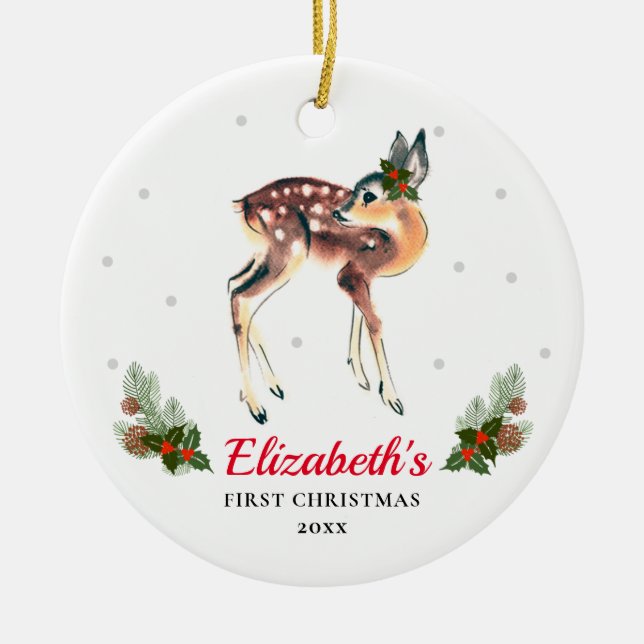 Woodland Deer Fawn Baby's 1st Christmas Custom Ceramic Tree Decoration (Front)