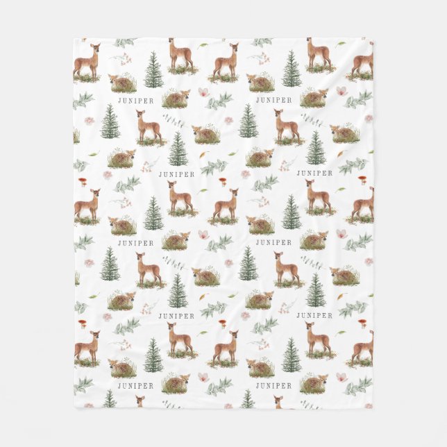 Woodland Deer Fawn Floral Baby Name Fleece Blanket (Front)