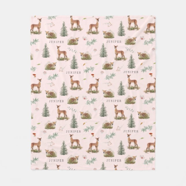 Woodland Deer Fawn Floral Baby Name Pink Fleece Blanket (Front)