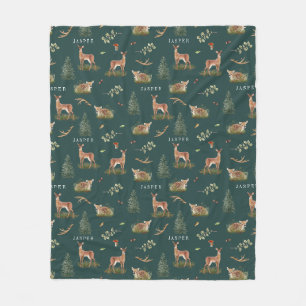 Woodland Deer Fawn Pattern Baby Green Baby Name Fleece Blanket