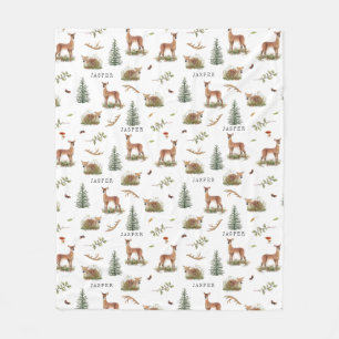 Woodland Deer Fawn Pattern Baby Name Fleece Blanket