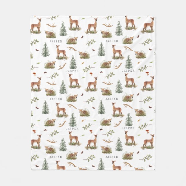 Woodland Deer Fawn Pattern Baby Name  Fleece Blanket (Front)