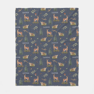 Woodland Deer Fawn Pattern Blue Baby Name Fleece Blanket