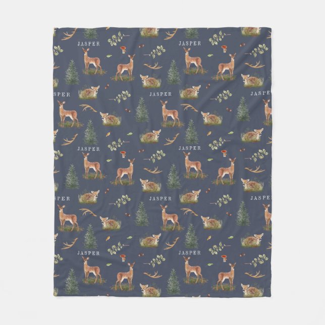 Woodland Deer Fawn Pattern Blue Baby Name Fleece Blanket (Front)