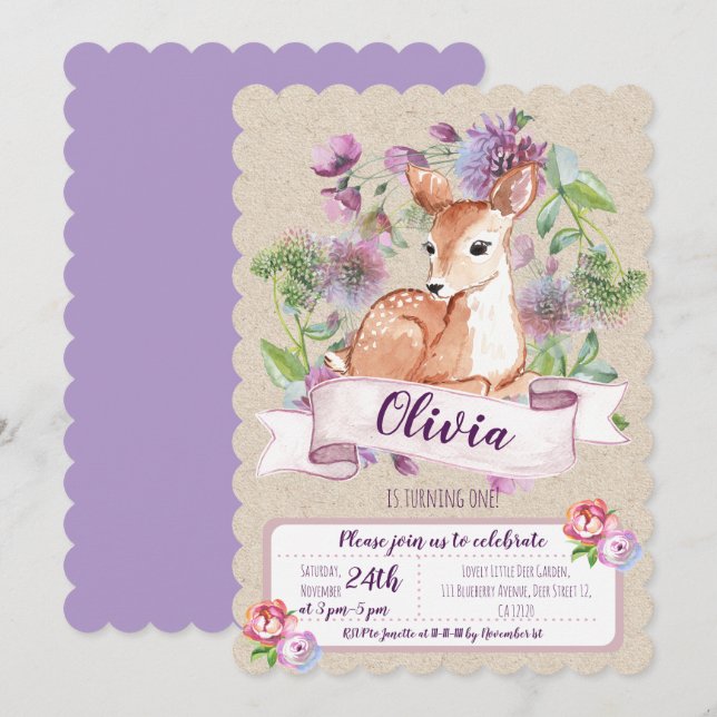 Woodland Deer first birthday invitation (Front/Back)