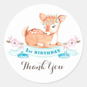 Woodland Deer first birthday thank you sticker