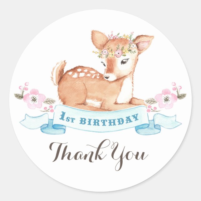 Woodland Deer first birthday thank you sticker (Front)