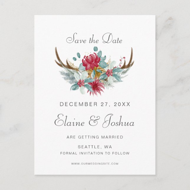 Woodland Deer Floral Antler Save the date Announcement Postcard (Front)