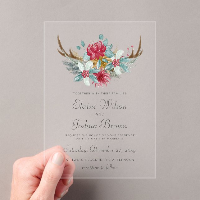 Woodland Deer Floral Antler Winter Wedding Acrylic Invitations (Insitu (Handheld))