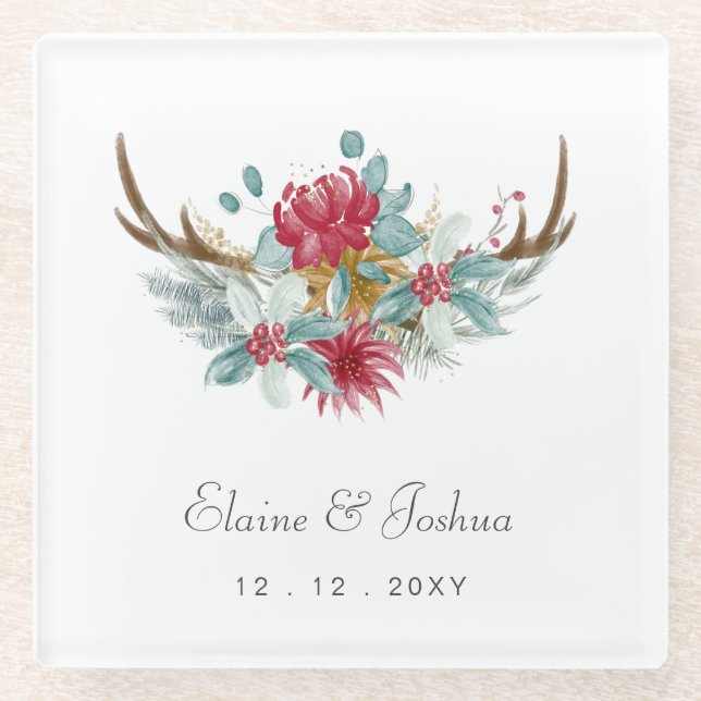 Woodland Deer Floral Antler Winter Wedding Glass Coaster (Front)