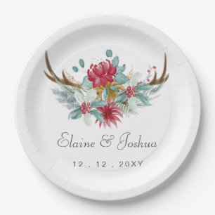 Woodland Deer Floral Antler Winter Wedding Paper Plate