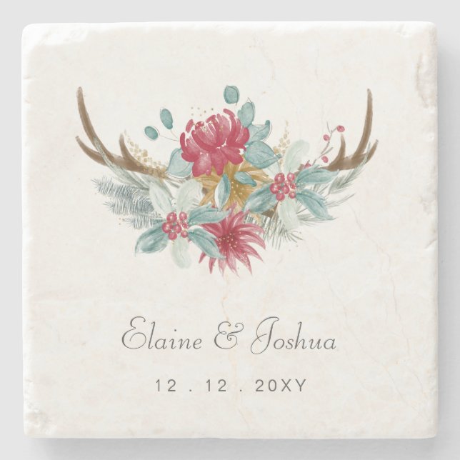 Woodland Deer Floral Antler Winter Wedding Stone Coaster (Front)