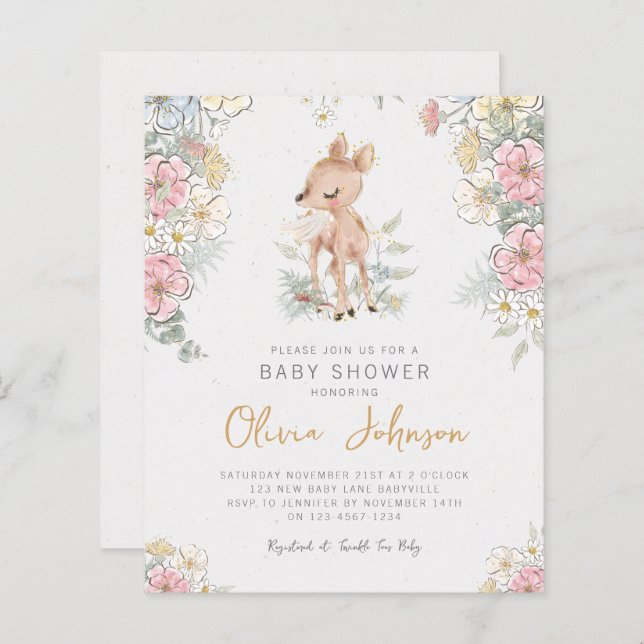 Woodland Deer Floral Baby Shower Invitation (Front/Back)
