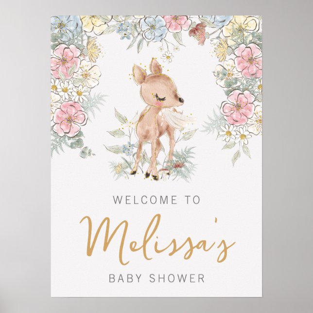 Woodland Deer Floral Baby Shower Welcome Poster (Front)