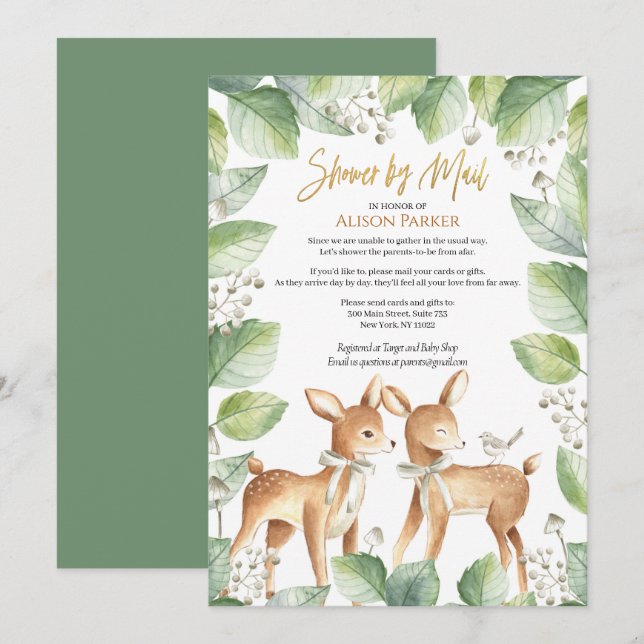 Woodland Deer Floral Greenery Baby Shower by Mail Invitation (Front/Back)