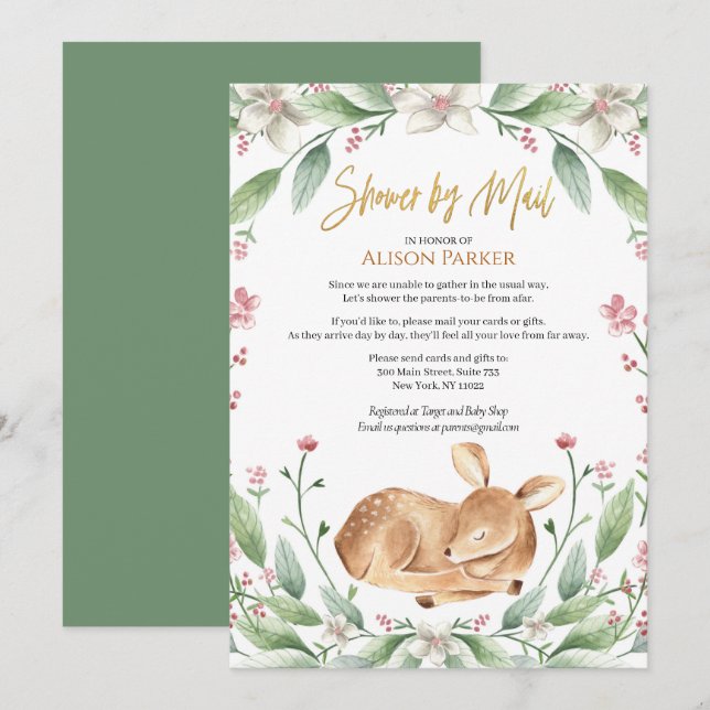 Woodland Deer Floral Greenery Baby Shower by Mail Invitation (Front/Back)