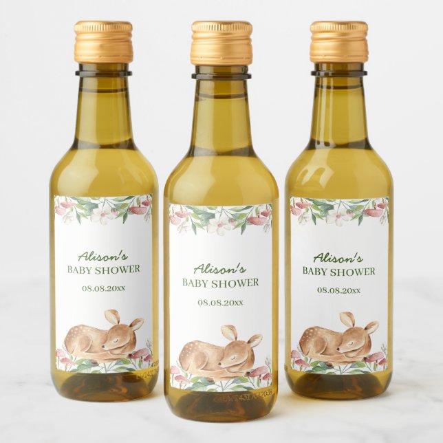 Woodland Deer Floral Greenery Baby Shower Mini Wine Label (Bottles)